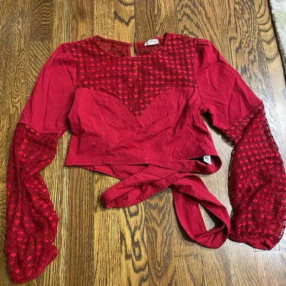 Free People Red Lace Long Sleeve Crop Top - Picture 1 of 3